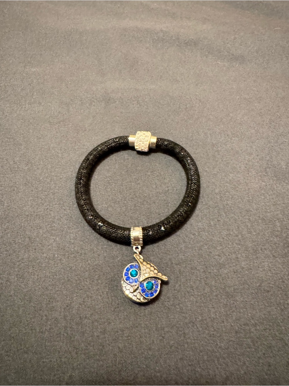 Black Bracelet with Blue Crystal Owl Charm - Women Jewelry